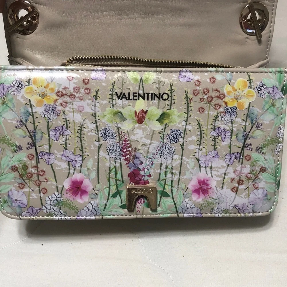 Valentino Quilted Floral Leather Shoulder Bag in Cream & Purple